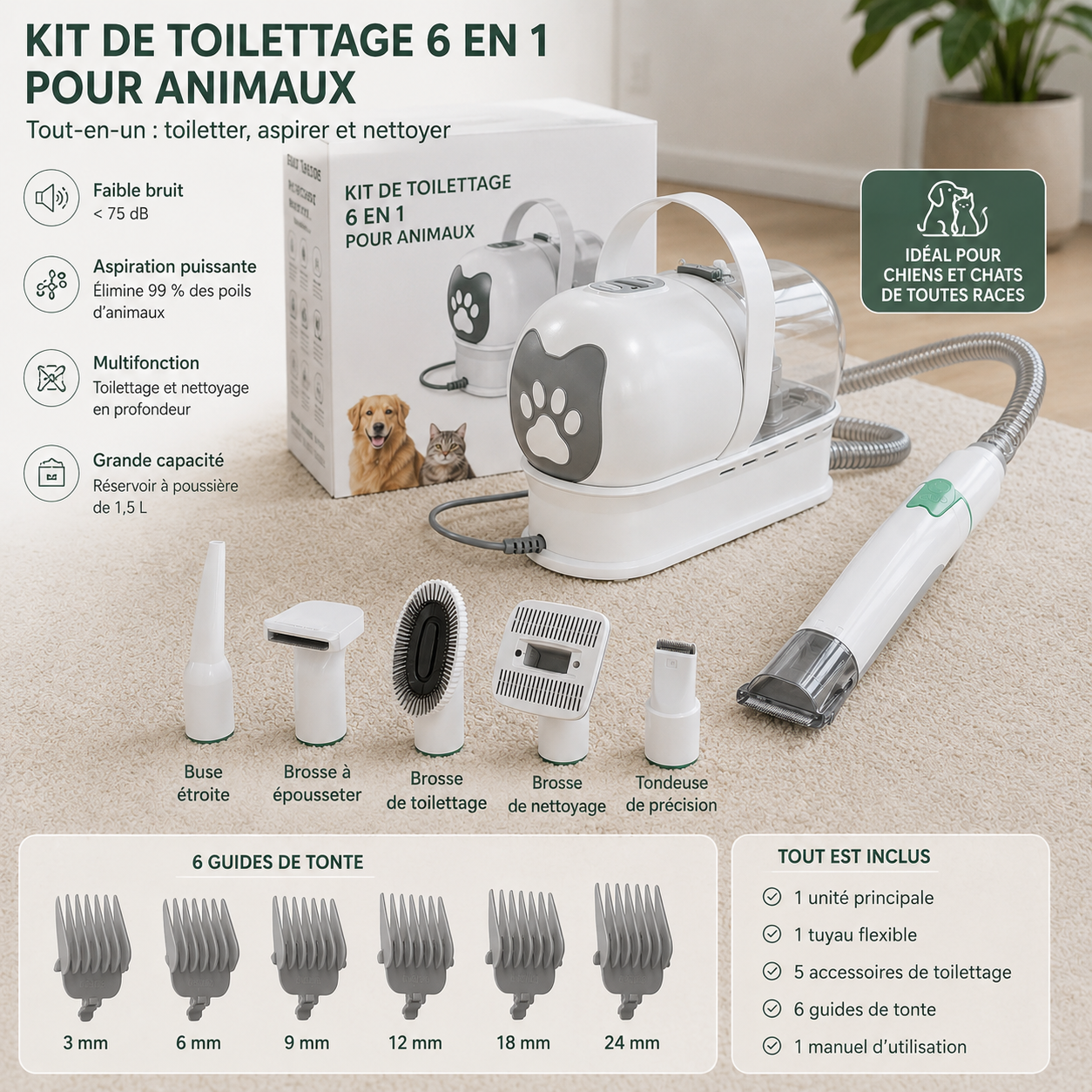 Sèche-Poils & Aspirateur Toilettage 7-en-1 pour Chien et Chat – 13000Pa