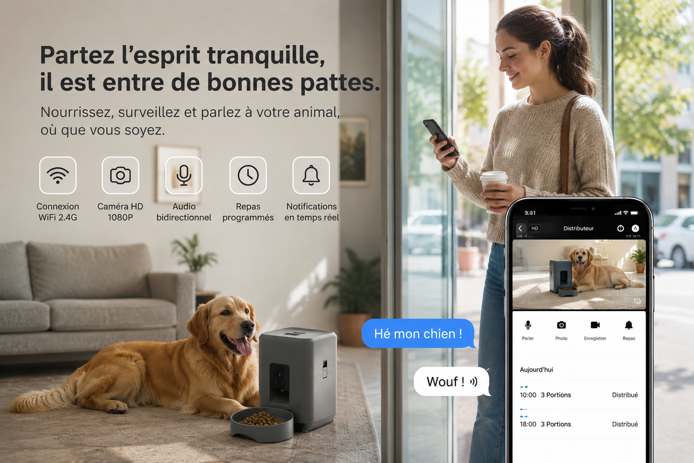 Distributeur de Nourriture Connecté pour Chien et Chat – Wi-Fi & Caméra, 2L
