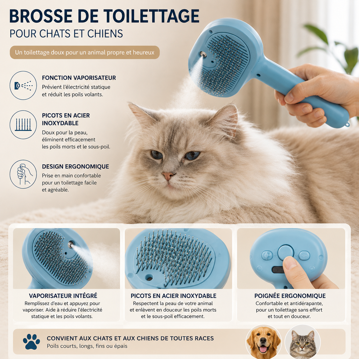 Peigne Autonettoyant pour Chien et Chat – Brosse à Vapeur Électrique Multifonction
